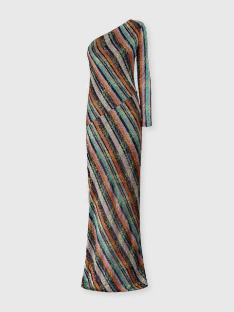 Long one-shoulder dress in an irregular zigzag knit with sequins