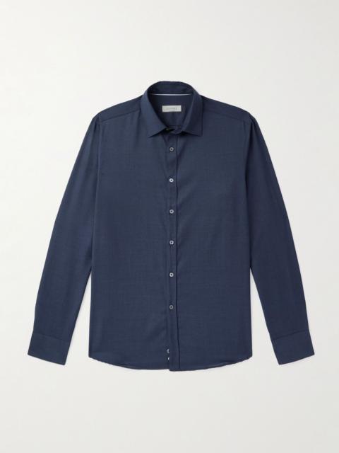 Impeccabile Cutaway-Collar Wool-Poplin Shirt Blue