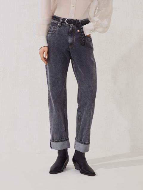 Authentic denim cropped trousers with monili