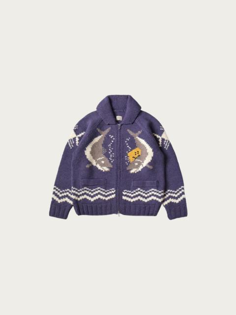 Hand Knit PECKISH TROUT ZIP Cardigan - Purple