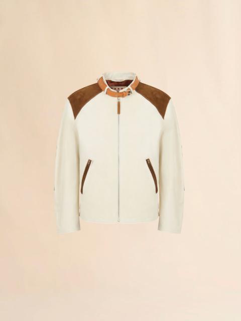 CREAM NAPPA LEATHER JACKET WITH BUCKLE COLLAR
