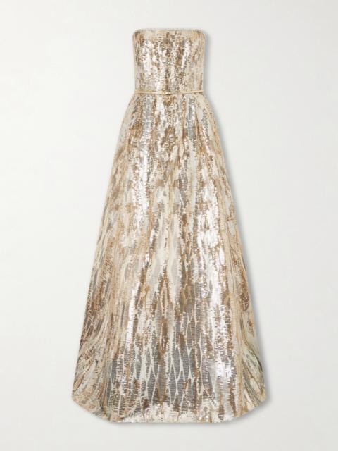 Strapless Belted Sequin-embellished Tulle Gown