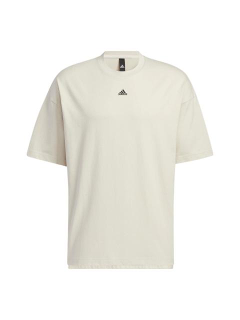 Men's adidas Solid Color Logo Loose Sports Short Sleeve Creamy White T-Shirt HS4379