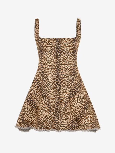 Flared Dress with Bbay Jaguar Print and Frayed Edges