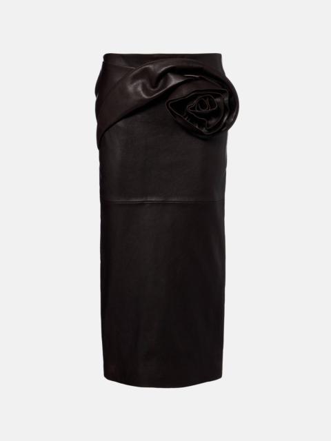 Floral-appliqué leather midi skirt