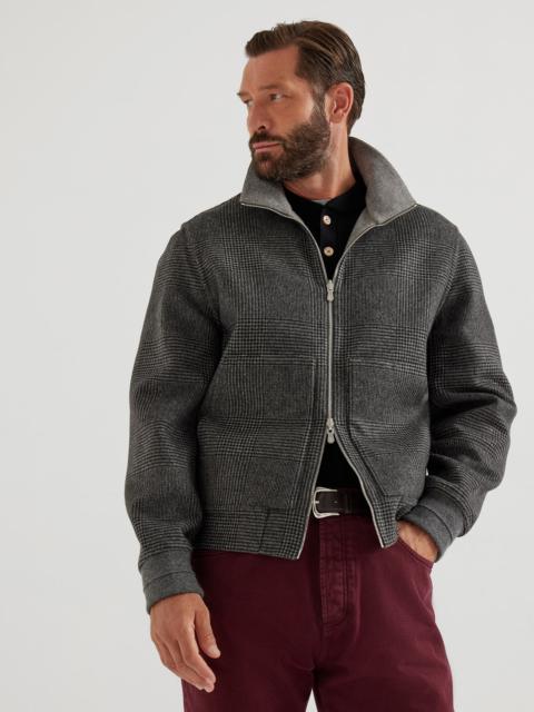 Hand-crafted reversible bomber jacket in cashmere Prince of Wales flannel double cloth with zipper