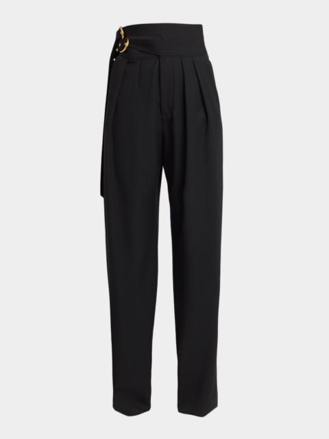 Double-Buckle Pleated Straight-Leg Trousers