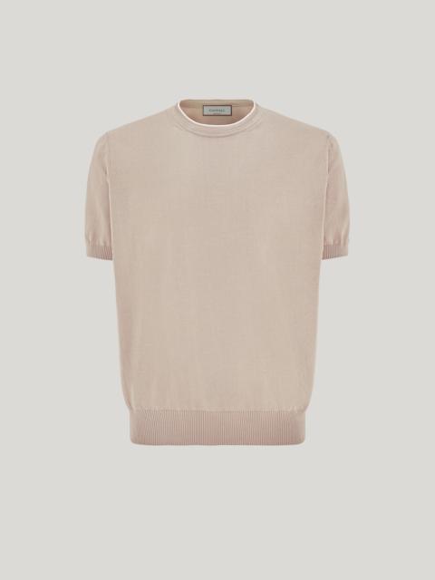 BEIGE GIZA COTTON T-SHIRT WITH CONTRASTING PIPING