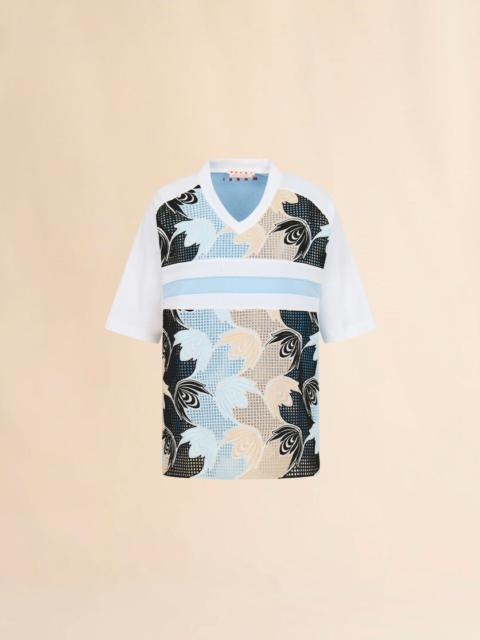 WHITE COTTON T-SHIRT WITH BRODERIE ANGLAISE FRONT