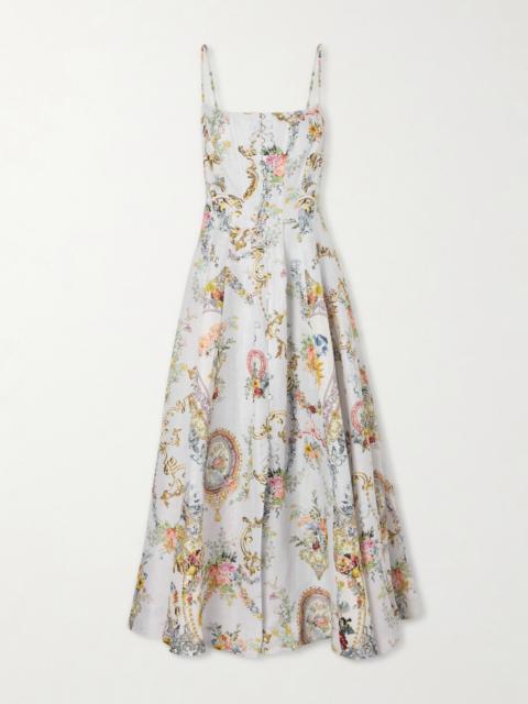 Crystal-embellished Printed Linen And Silk-blend Midi Dress