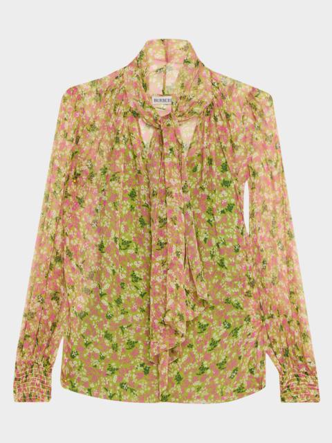 Lila Floral Silk Scarf-Tie Blouse
