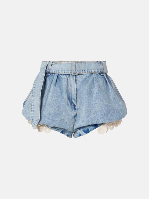 Crochet-trimmed denim shorts