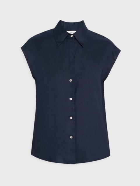 Blouse Linen Cap-Sleeve Button-Front Blue