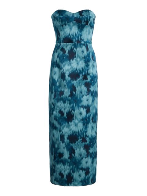 Strapless Bustier Floral Satin Midi Dress blue