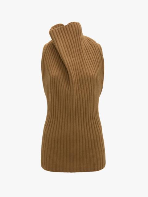 Draped Sleeveless Rib Top In Dark Camel