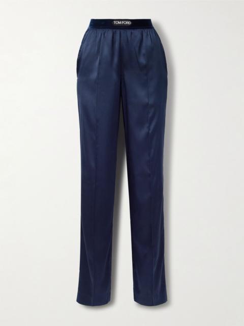 Velvet-trimmed stretch-silk satin pants Navy