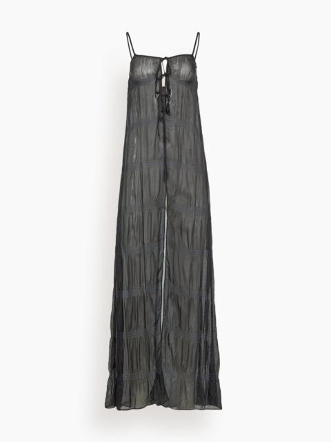 Smocked Silk Maxi Tie Gown in Black