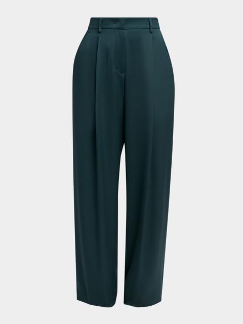 Pleated Silk Straight-Leg Trousers