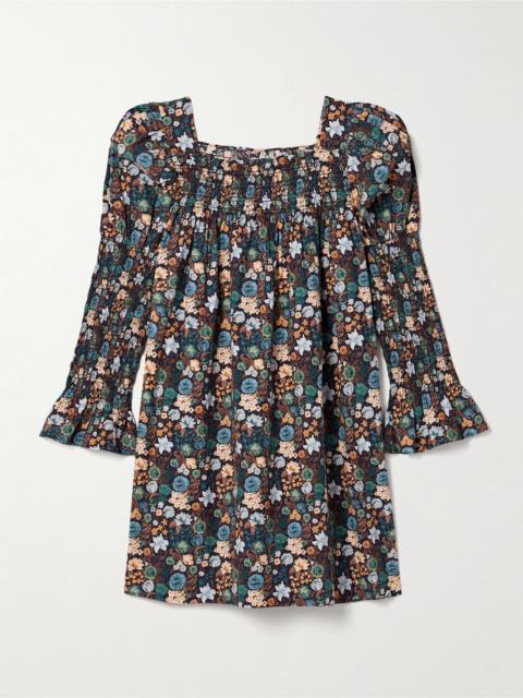Sabia shirred floral-print organic cotton-poplin mini dress Blue