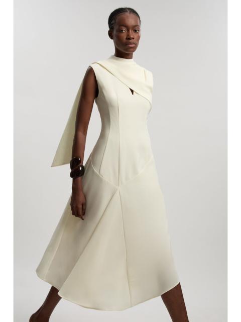 Tailored Crepe Cape Asymmetric Cape Neck Detail Midi Dress