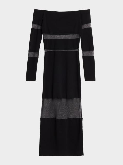 Off-The-Shoulder Sheer Striped Matte Viscose Midi Dress