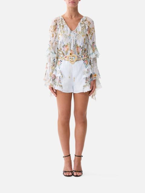 LACE UP V NECK BLOUSE WITH CASCADE RUFFLES