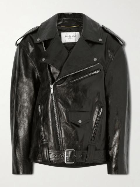 Glossed Textured-leather Biker Jacket