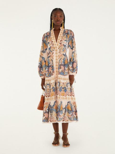 Soft Pink Sea Garden Scarf Pleated Midi Dress