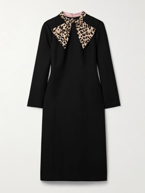 Embellished leopard-print wool and silk-blend midi dress Black