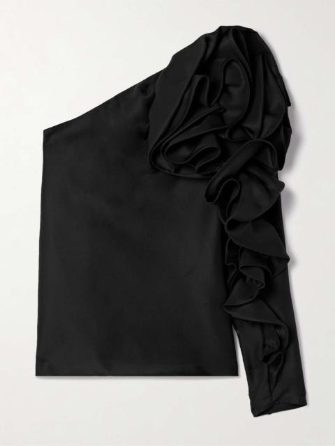 One-sleeve ruffled silk-gazar top Black