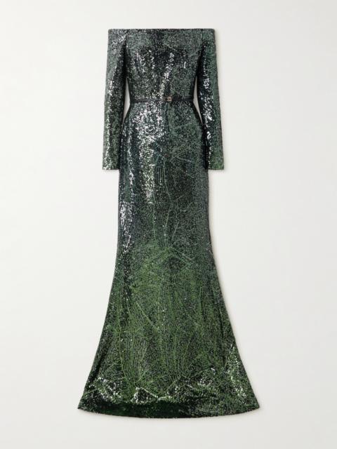 Off-the-shoulder Belted Sequined Silk-blend Gown