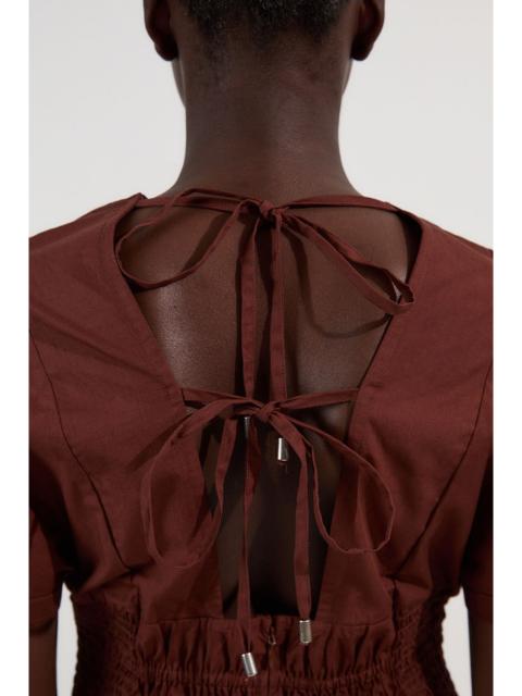 Shirred Cotton Woven Plunge Neck Short Sleeve Top