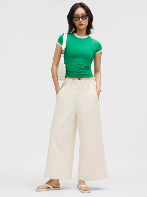 Stretch Woven Ruffle-Waist Wide-Leg Cropped Pant