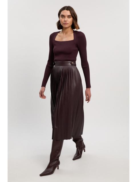 Viscose Rib Pu Mix Tab Detail Pleated Knit Midi Dress