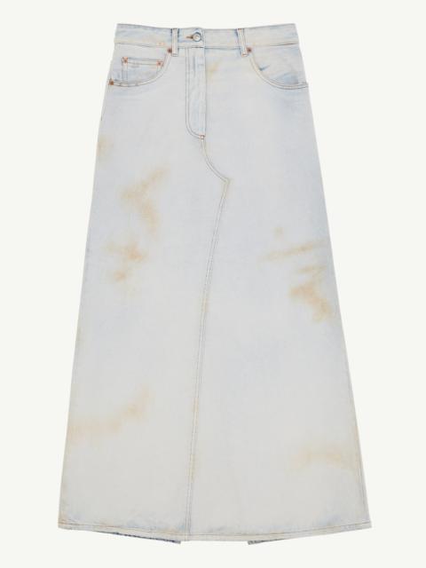 Distressed denim maxi skirt