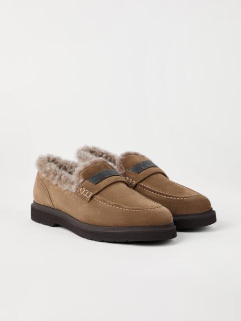 Suede penny loafers with shearling lining and precious insert