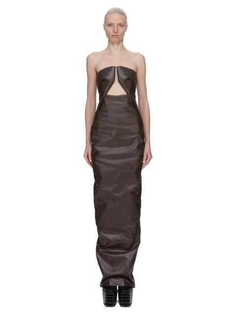 Strapless cutout coated-denim gown Brown