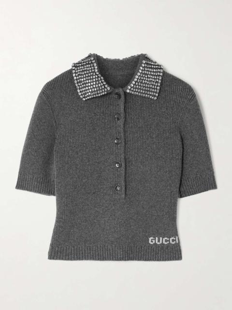 Crystal-embellished logo-jacquard ribbed wool polo shirt