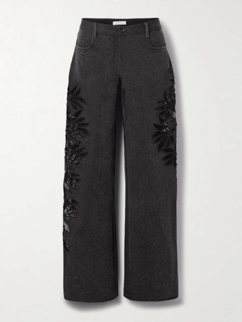 Stulla crochet-trimmed mid-rise straight-leg jeans Black
