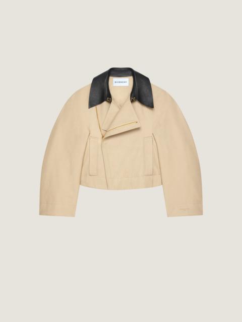 CROPPED PEACOAT WITH LEATHER COLLAR IN COTTON AND WOOL