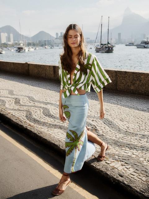 Blue Embroidered Palm Tree Euroflax Premium Linen Maxi Skirt