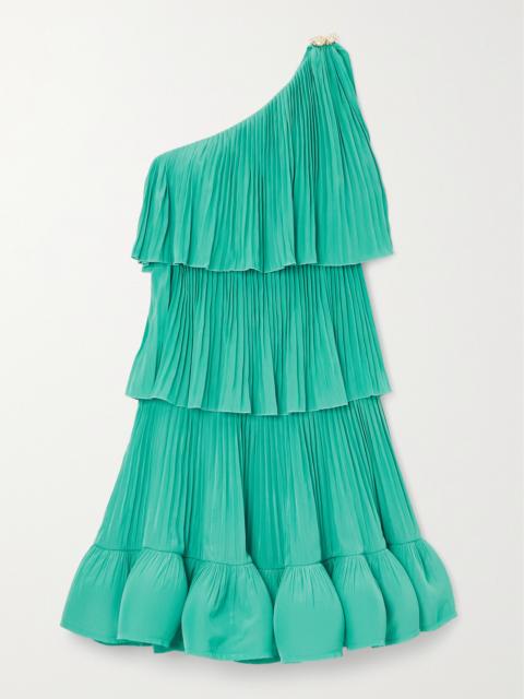 One-shoulder Tiered Ruffled Charmeuse Mini Dress
