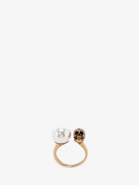 Pearl-like Skull Ring in Antique Gold