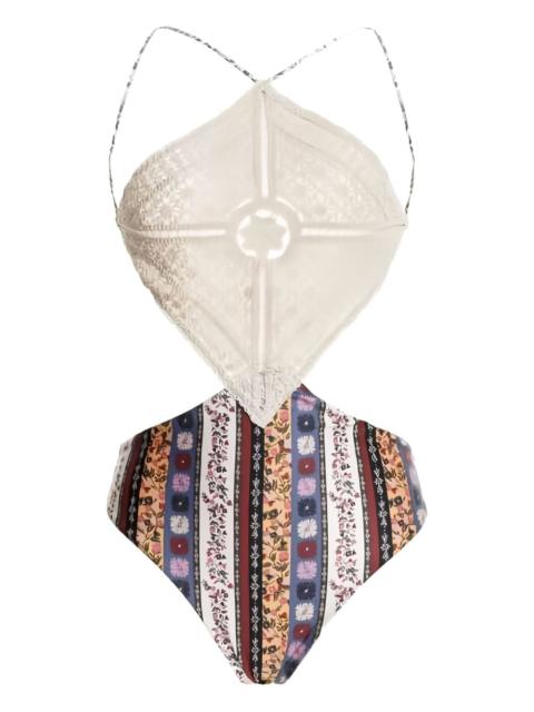 crochet floral-print swimsuit