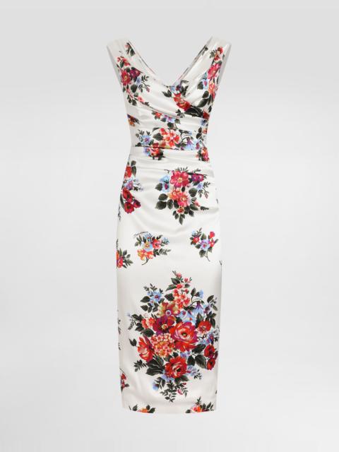 Flower bouquet-print satin dress