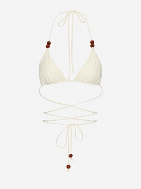Strappy triangle bikini top in cream with beads