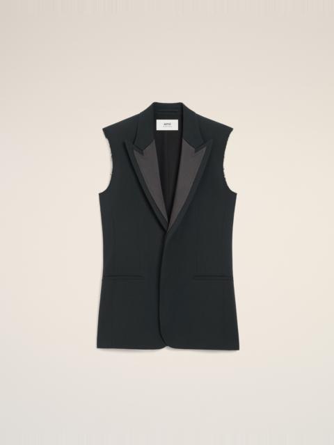 BLACK WOOL SLEEVELESS SMOCKING JACKET