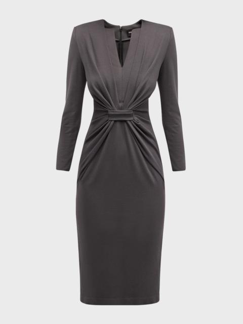 Tab-Front Gathered Jersey Sheath Dress