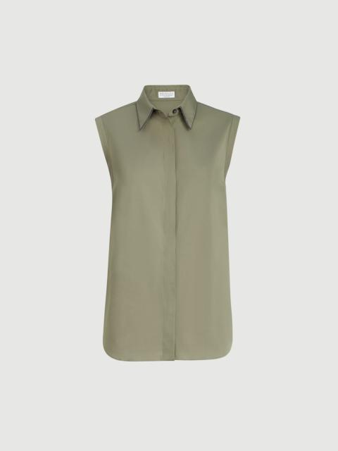 Stretch cotton poplin sleeveless shirt with shiny trim