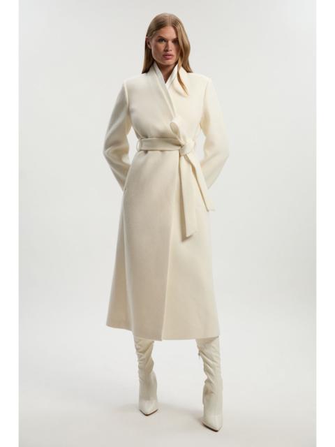 Brushed Wool Satin Mix Belted Wrap Neck Tailored Midi Coat